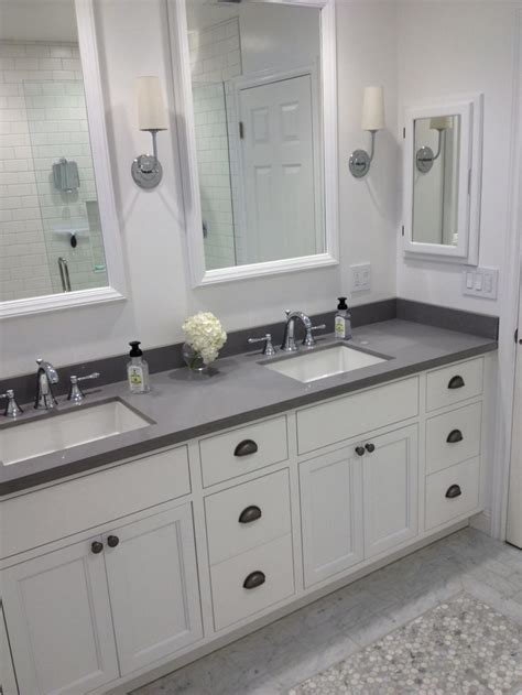 Shop allmodern for modern and contemporary chrome cabinet + drawer pulls to match your style and budget. white bathroom. Master bath. Gray quartz, subway tile, cup ...