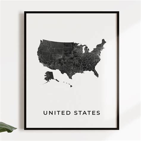 United States Map Art Poster Black And White Wall Art Print Etsy