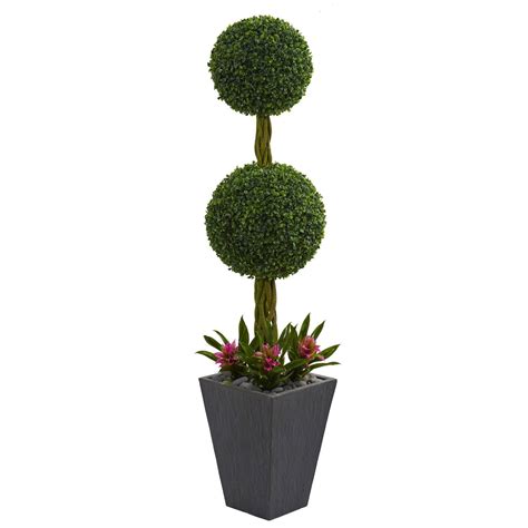 5 Double Boxwood Ball Topiary Artificial Tree In Slate Planter Uv