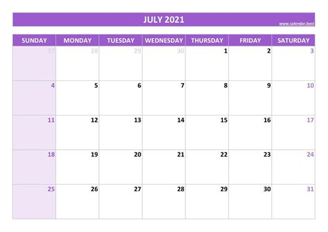Month Of July 2021 Calendar • Printable Blank Calendar Template