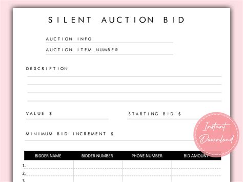 Silent Auction Bid Sheet Printable Fundraiser Event Etsy Israel