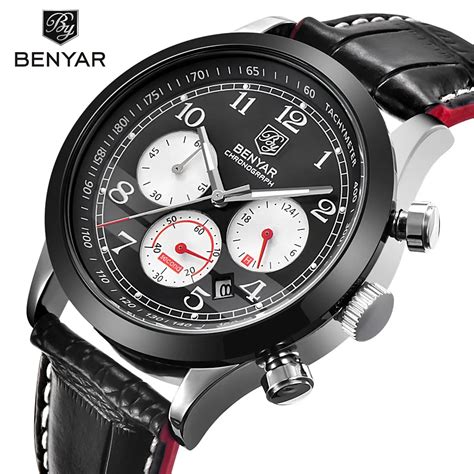 Benyar Men Sport Watches Top Brand Luxury Leather Quartz Chronograph