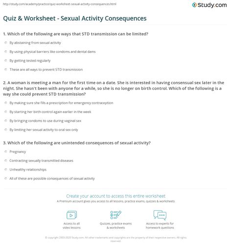 Quiz And Worksheet Sexual Activity Consequences