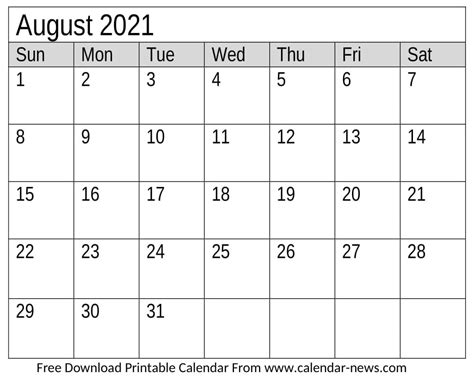 August 2021 Calendar Free Downloadable Calendar News