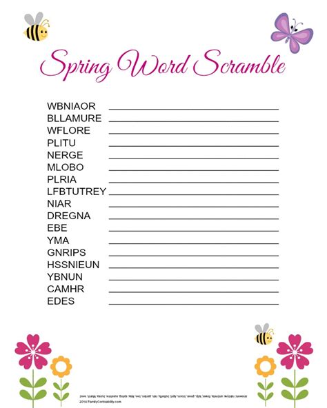 Free Printable Spring Word Scramble For Kids