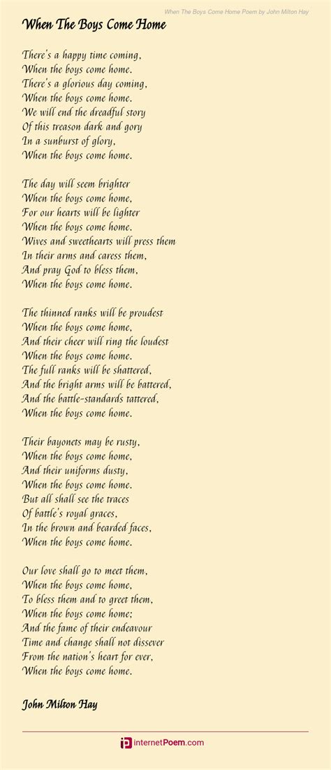 When The Boys Come Home Poem By John Milton Hay