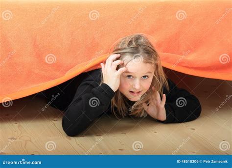 Child Hiding Under Bed Stock Photo Image Of Blond Wooden 48518306