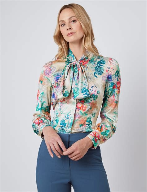 Womens Cream And Green Floral Fitted Satin Blouse Single Cuff Pussy Bow Hawes And Curtis