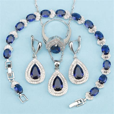 925 Sterling Silver Party Royal Blue Cubic Zircon Jewelry Sets For