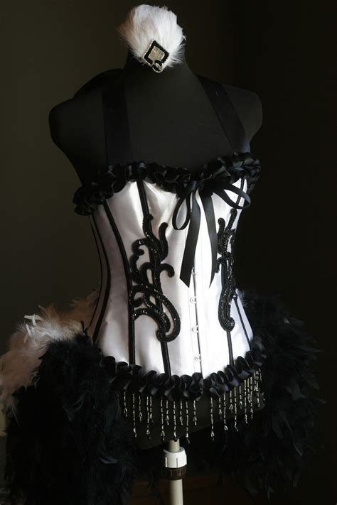Fifi Burlesque Corset Costume White Black And Undies Gloves Fishnets