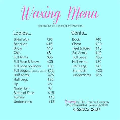 Waxing Menu | Esthetician room supplies, Esthetician marketing, Waxing