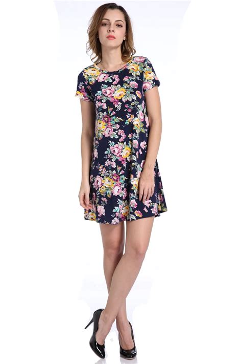 Flower Print Side Pocket Detail Swing Tee Dress Summer Dresses Casual O