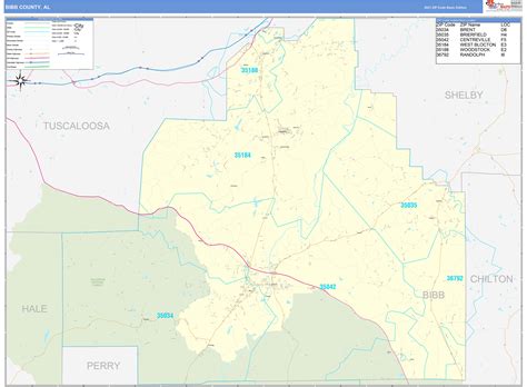 Bibb County, AL Zip Code Wall Map Basic Style by MarketMAPS - MapSales