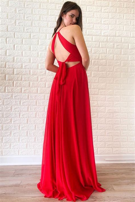 Flowy Red Chiffon Long Open Back Prom Dresses Fashion Dresses M914