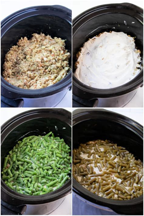 Spoon the soup over the cheese and spread to form a seal. Slow Cooker Chicken Stuffing Green Bean Casserole - Love ...