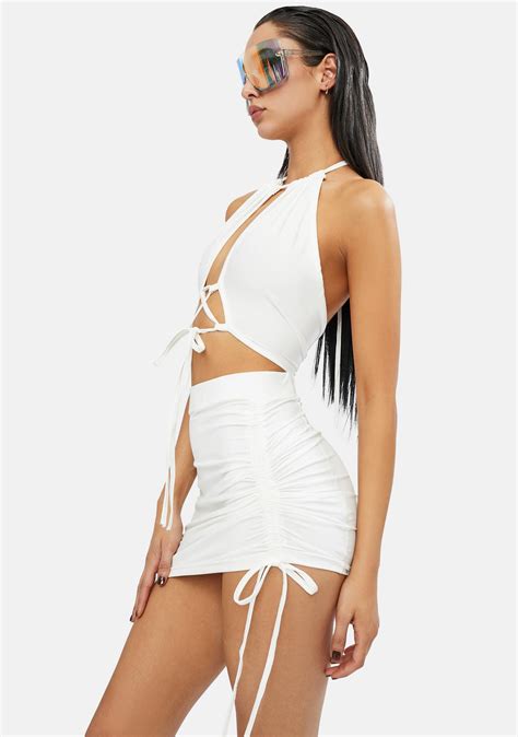 open front halter top and ruched skirt set white dolls kill