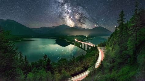 Desktop Wallpaper Milky Way Road Long Exposure Lake Night Hd Image