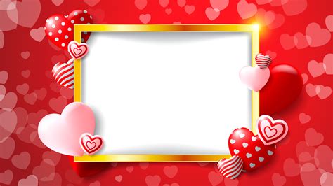 Golden Frame Valentines Design With Red Pink And Patterned Hearts