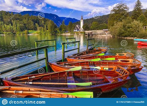 Idyllic Nature Scenery Beautiful Magic Lake Bohinj In Slovenia