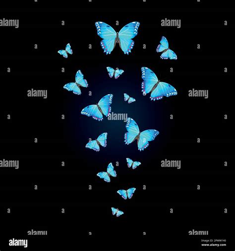 Flock Of Bright Blue Butterflies On A Black Background Stock Vector