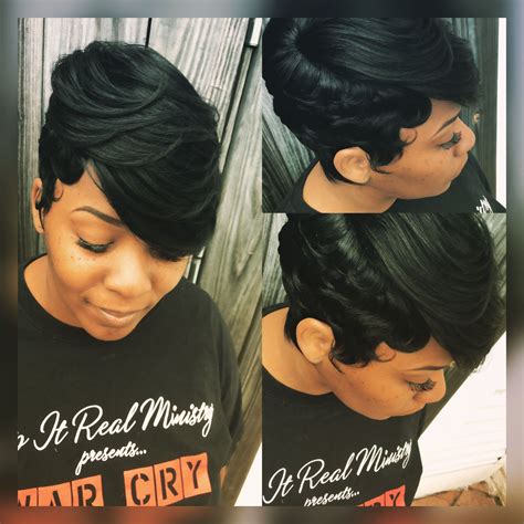 Settle for a standard black weave with a fine texture and straight, layered bangs. 27 Piece Quickweave Black Hairstyles Black Hair Short Hair ...