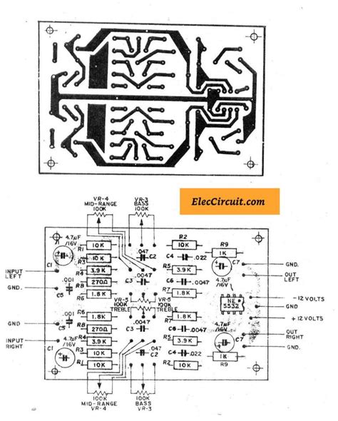 Stereo tone control with line in microphone mixer schematic. 5 (bass mid treble) Tone control circuits projects using ...