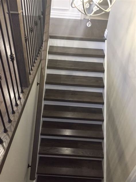 Are there any special values on stair treads & risers? Grey/brown tones on staircase with white risers and stringers. | Wooden stairs, White stair ...