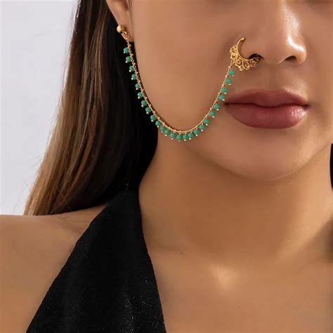 Indian Nose Chain Women Boho Ethnic Black Blue Beads Non Piercing Nostril Ring Chain Ear Nose