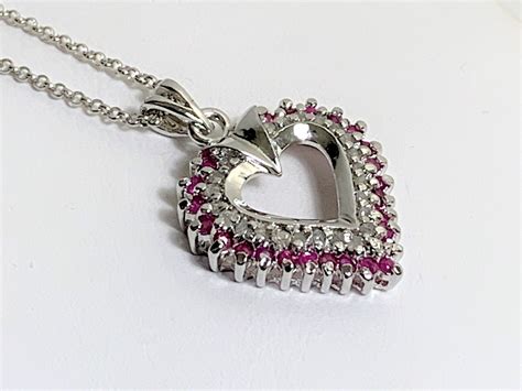 Sterling Silver Ruby And Diamond Heart Necklace 20mm Heart 1 18