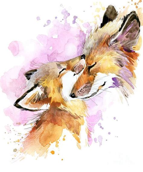 Watercolor Painting Of Two Foxes Kissing Each Other On A White Background With Pink And Yellow Spots