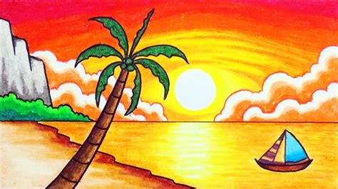 How To Draw Easy Scenery Drawing Sea Beach Sunset Scenery Step By