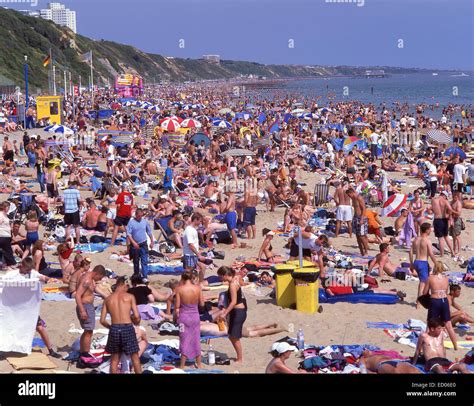 Crowded Beach In Summer Bournemouth Dorset England United Kingdom