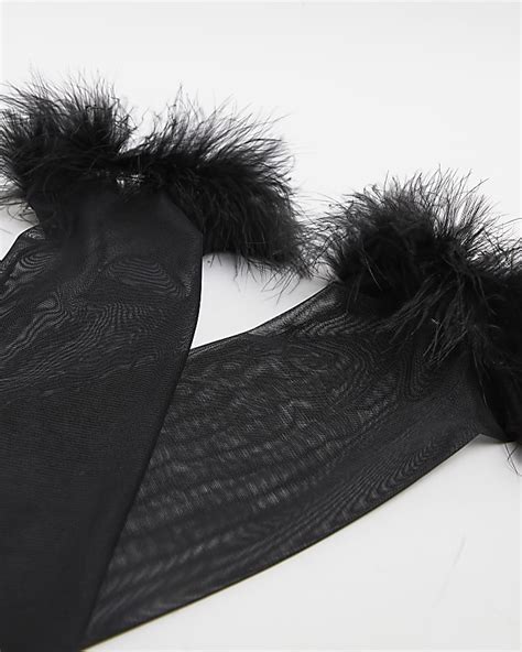 Black Feather Trim Long Gloves River Island