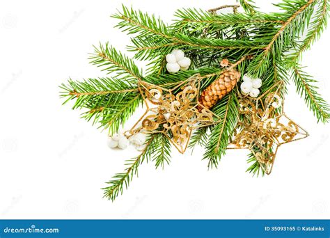 Green Christmas Tree Branch With Decorations Royalty Free Stock Photo
