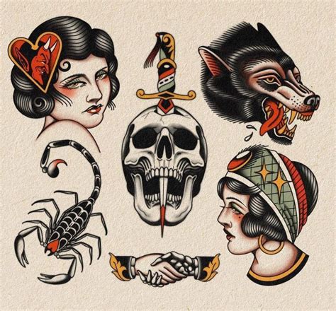 An Old School Tattoo Design With Skulls And Other Tattoos On The Upper