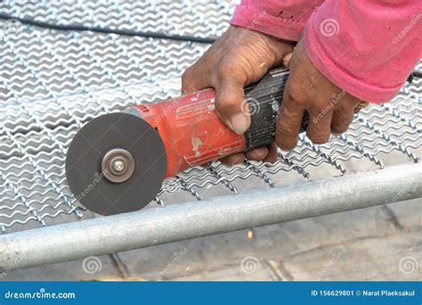 Man Used Angle Grinder Without Cover Guard Cutting Metal Net Stock