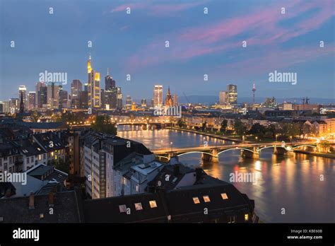 City Of Frankfurt Am Main Skyline At Night Frankfurt Germany Stock