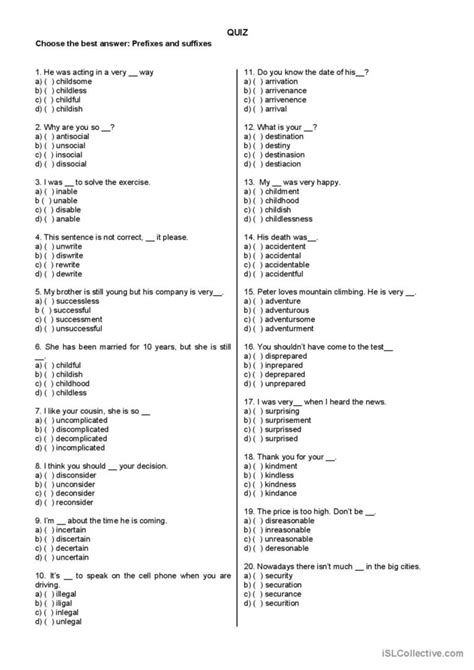Prefixes And Suffixes Quiz General English Esl Worksheets Pdf And Doc