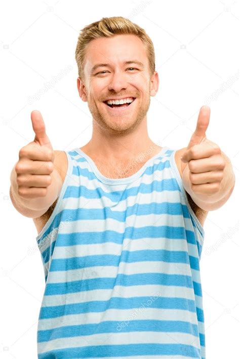 Happy Man Thumbs Up Sign Portrait On White Background Stock Photo By