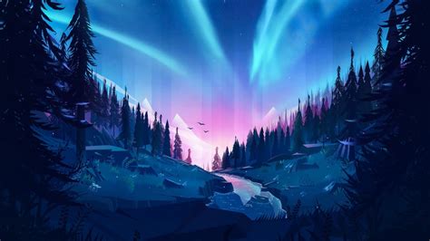 Aurora Borealis Forest Scenery River Digital Art 4k