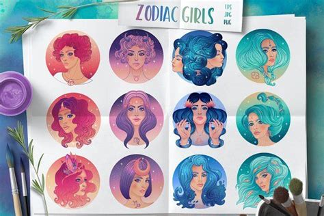 12 Zodiac Girls Vector Set Zodiac Sign Art Illustration