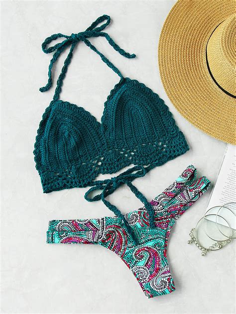 Graphic Print Crochet Bikini Set SheIn Sheinside