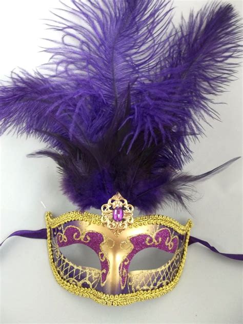 Dark Purple Gold Feather Venetian Mask Masquerade Mardi Gras Jewel Gem