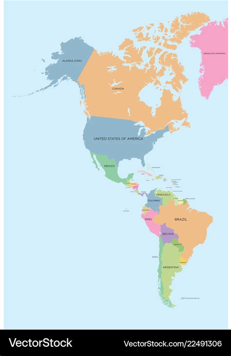 Coloured Political Map Of North And South America Vector Illustration