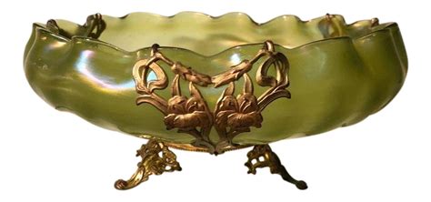 Antique Loetz Art Glass Centerpiece Bowl W Art Nouveau Gilt Bronze On Decorative