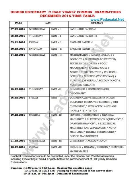 12th Half Yearly Exam Time Table Announced Padasalainet No1