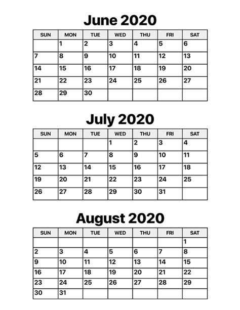 June July August 2020 Calendar Calendar Options