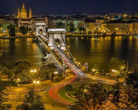 Chain Bridge Budapest Roundabout Hungary Bridge Danube Lights