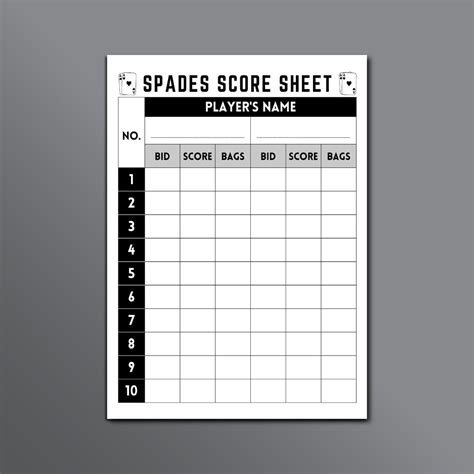 Spades Score Sheet Spades Scorekeeper Spades Card Game Score Sheet