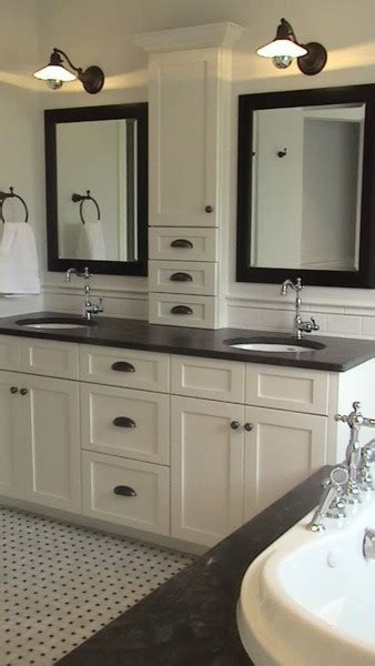 The standard depth of a bathroom countertop is 21 inches, and it's measured from the front of the cabinet door or drawer to the back. Master Bathroom vanity/cabinet idea - Traditional - Bathroom